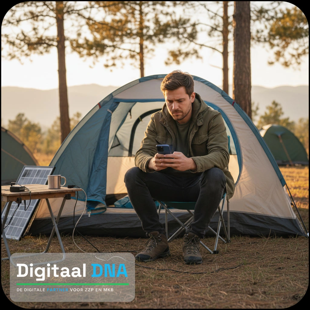 Campinggast bekijkt trage website op smartphone bij de tent